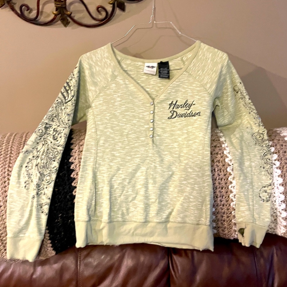 Genuine Harley-Davidson long sleeve heathered sage green gunmetal rhinestones